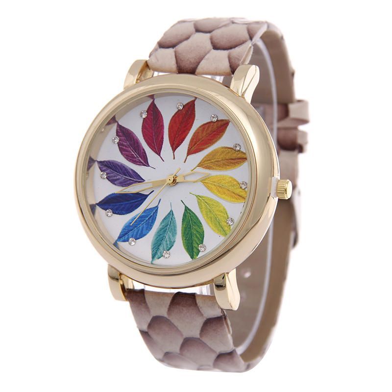 Al0812 Reloj De Mujer Con Imagen De Arce Reloj De Pulsera De Cuarzo De Cuero Genuino