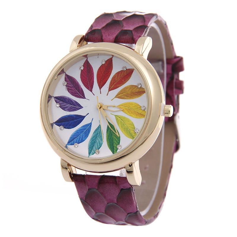 Al0812 Reloj De Mujer Con Imagen De Arce Reloj De Pulsera De Cuarzo De Cuero Genuino