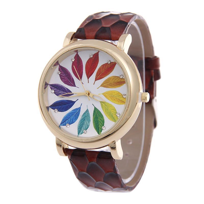 Al0812 Reloj De Mujer Con Imagen De Arce Reloj De Pulsera De Cuarzo De Cuero Genuino