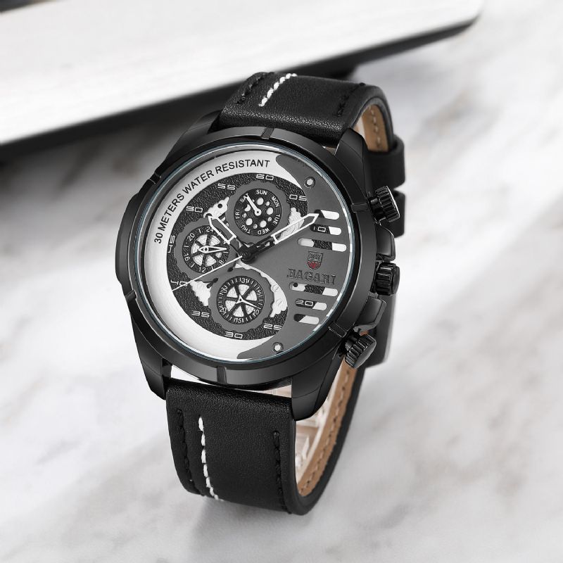 Bagari 1802p Reloj De Moda Para Hombre 3atm Reloj Impermeable De Cuarzo Con Correa De Cuero Con Visualización De La Semana