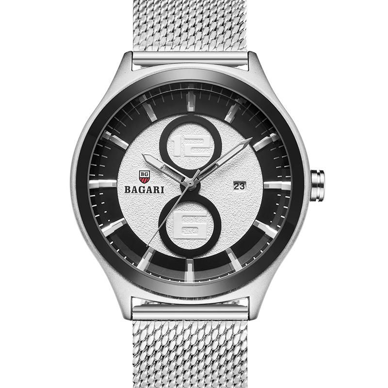 Bagari 8012w Reloj Ultrafino De Estilo Empresarial Para Hombre Reloj De Cuarzo Con Banda De Acero Y Malla