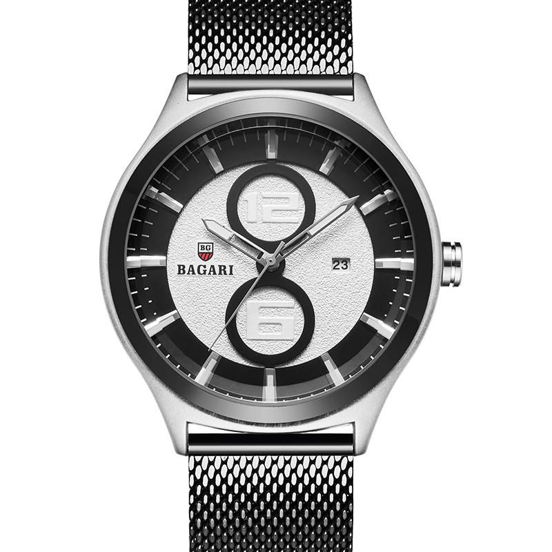 Bagari 8012w Reloj Ultrafino De Estilo Empresarial Para Hombre Reloj De Cuarzo Con Banda De Acero Y Malla