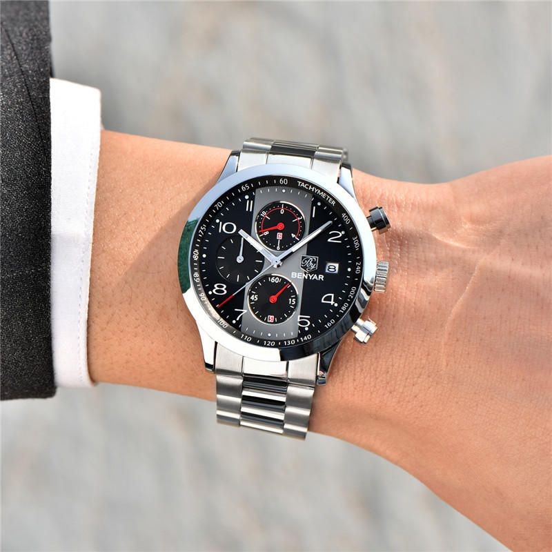 Benyar 5133 Reloj De Moda Para Hombre Cronógrafo Pantalla Luminosa Impermeable Reloj De Cuarzo De Acero Completo