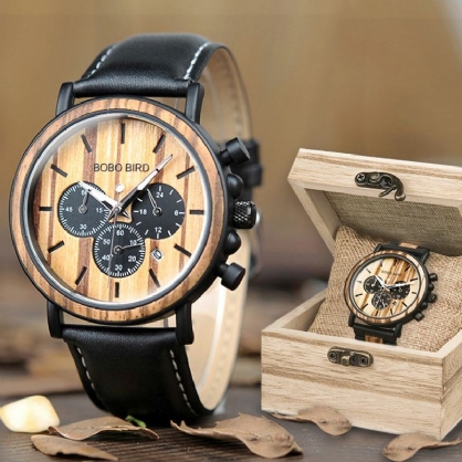 Bobo Bird P09 Reloj De Pulsera De Cuarzo Con Pantalla De Fecha De Madera Informal Para Hombre Con Caja