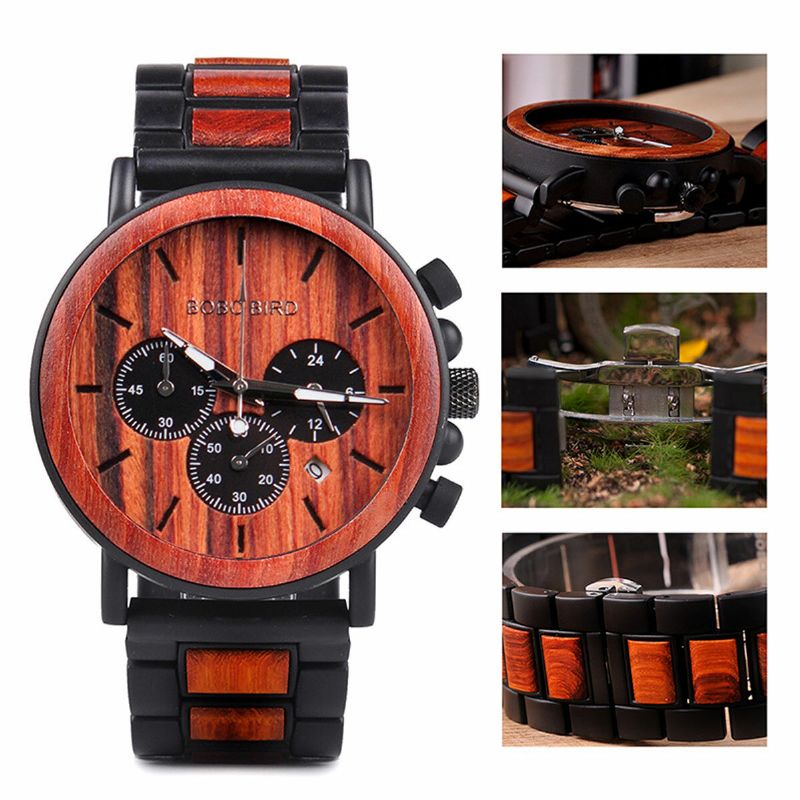 Bobo Bird P09 Reloj De Pulsera De Cuarzo Con Pantalla De Fecha De Madera Informal Para Hombre Con Caja