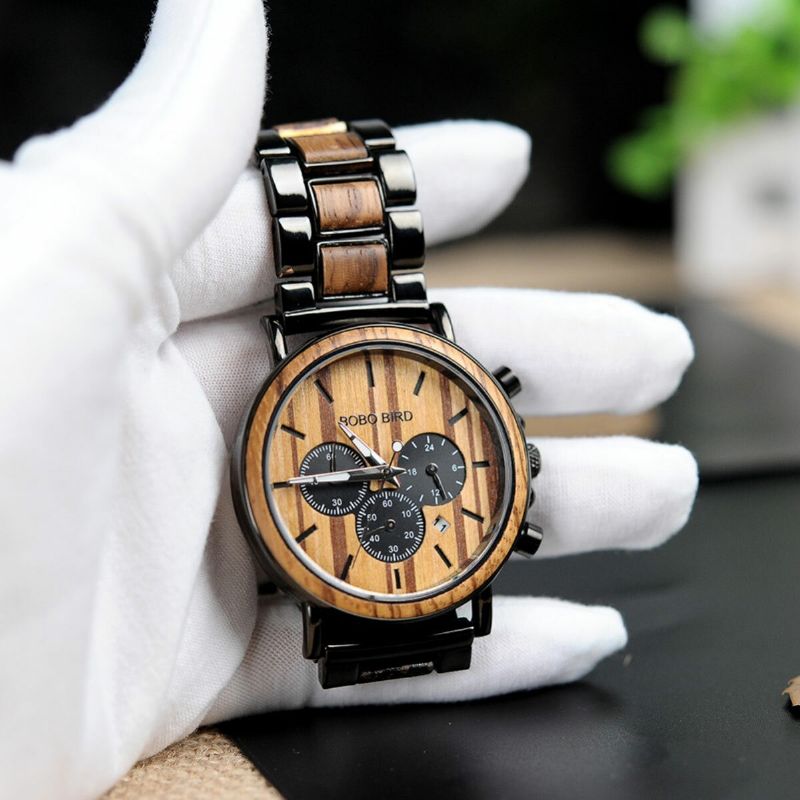 Bobo Bird P09 Reloj De Pulsera De Cuarzo Con Pantalla De Fecha De Madera Informal Para Hombre Con Caja