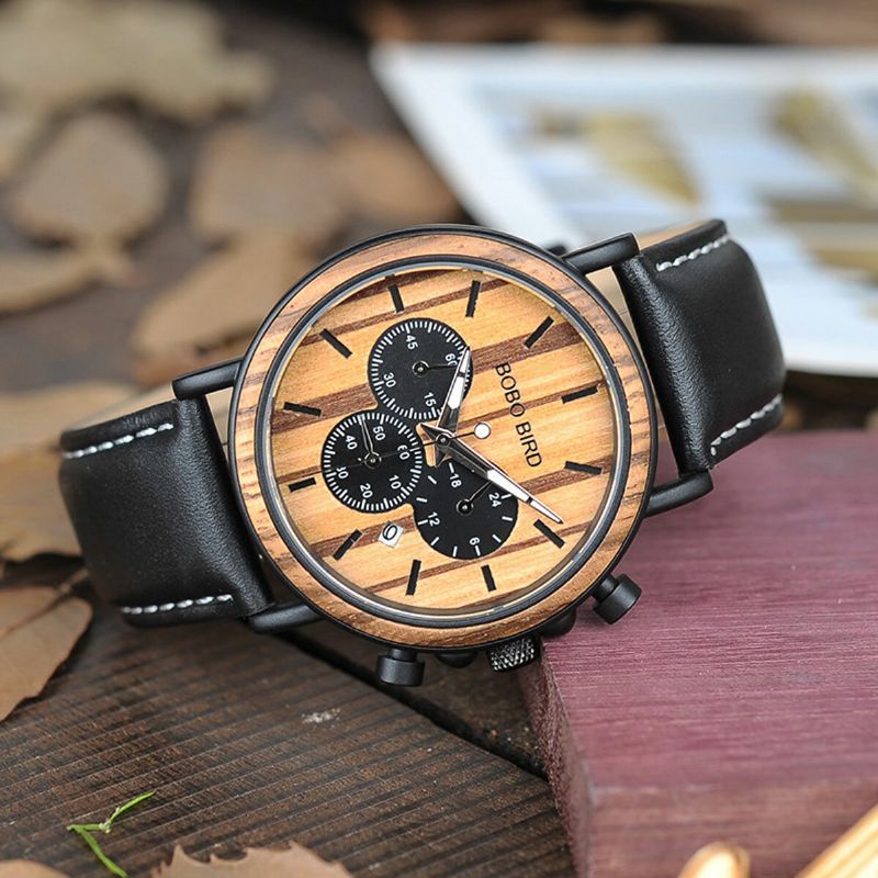 Bobo Bird P09 Reloj De Pulsera De Cuarzo Con Pantalla De Fecha De Madera Informal Para Hombre Con Caja