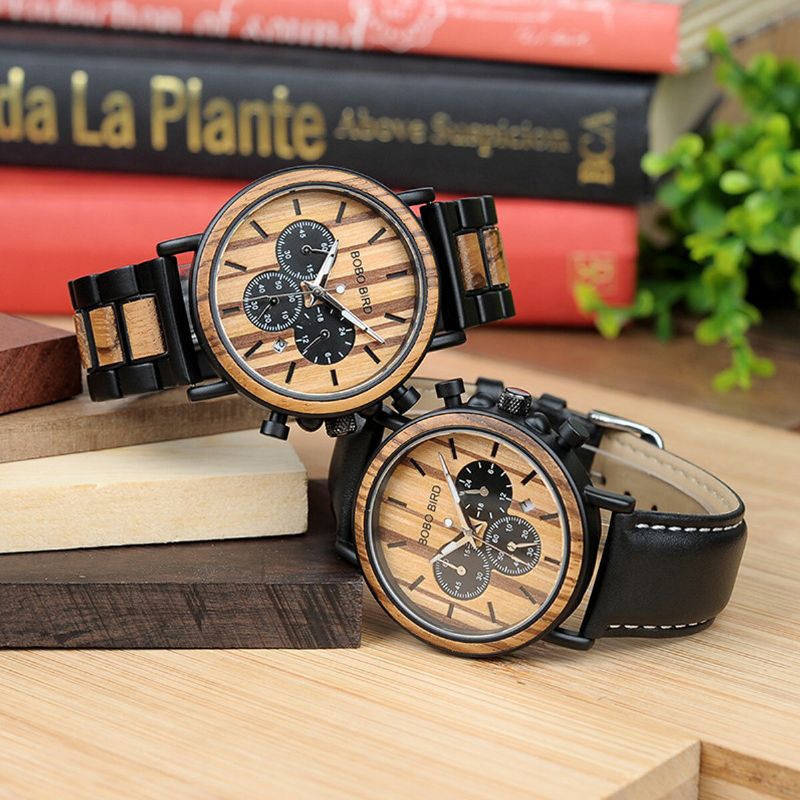 Bobo Bird P09 Reloj De Pulsera De Cuarzo Con Pantalla De Fecha De Madera Informal Para Hombre Con Caja