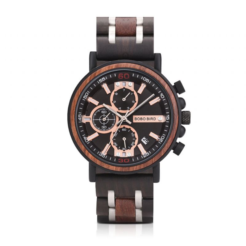 Bobo Bird S18-1 Reloj De Pulsera De Cuarzo Con Pantalla De Fecha Y Mano Luminosa De Madera Para Hombre