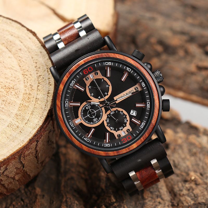 Bobo Bird S18-1 Reloj De Pulsera De Cuarzo Con Pantalla De Fecha Y Mano Luminosa De Madera Para Hombre