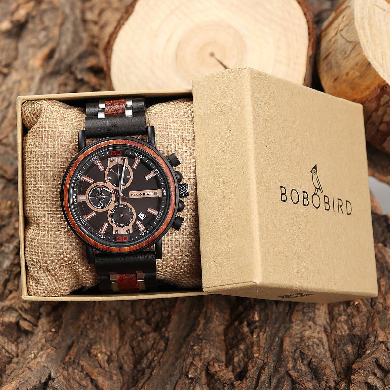 Bobo Bird S18-1 Reloj De Pulsera De Cuarzo Con Pantalla De Fecha Y Mano Luminosa De Madera Para Hombre