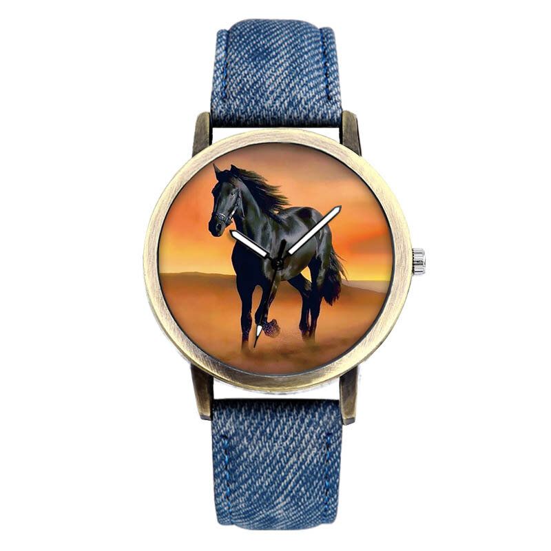 Casual Black Horse Desert Dial Reloj De Pulsera De Cuarzo Con Correa De Mezclilla Para Todos Los Partidos