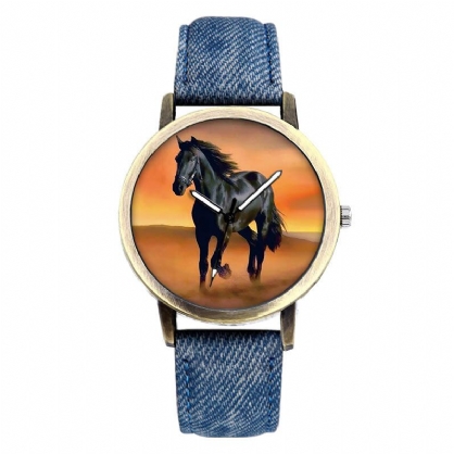 Casual Black Horse Desert Dial Reloj De Pulsera De Cuarzo Con Correa De Mezclilla Para Todos Los Partidos