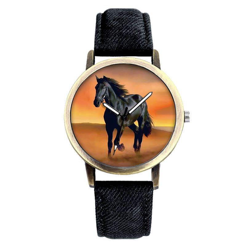 Casual Black Horse Desert Dial Reloj De Pulsera De Cuarzo Con Correa De Mezclilla Para Todos Los Partidos