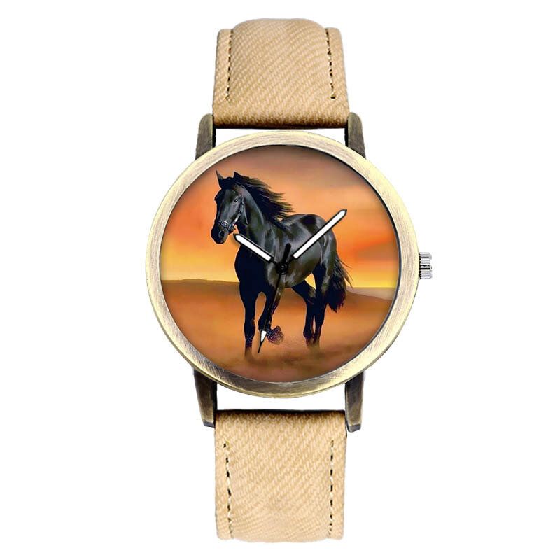 Casual Black Horse Desert Dial Reloj De Pulsera De Cuarzo Con Correa De Mezclilla Para Todos Los Partidos