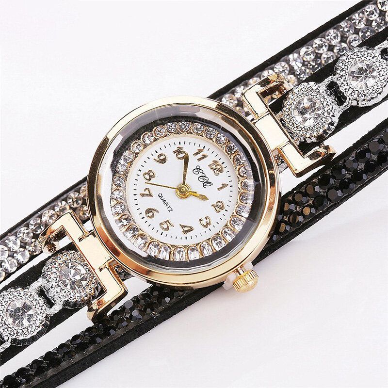 Ccq Fashion Luxury Rhinestone Pu Leather Band Mujeres Reloj De Pulsera De Cuarzo