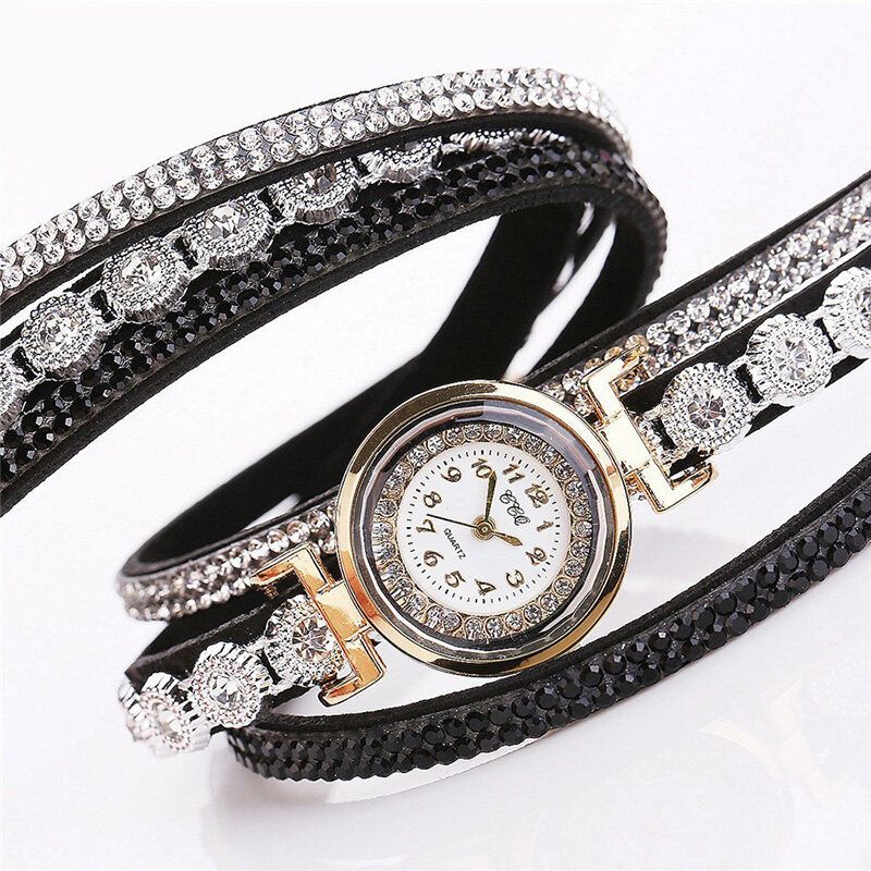 Ccq Fashion Luxury Rhinestone Pu Leather Band Mujeres Reloj De Pulsera De Cuarzo