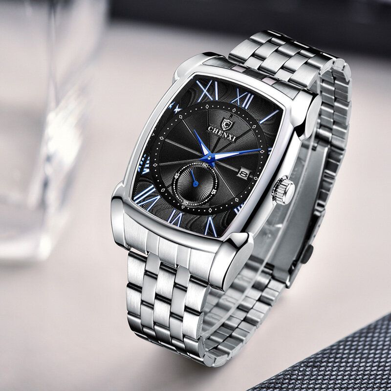 Chenxi Cx-8206 Reloj De Moda Para Hombre Con Esfera Rectangular Pantalla De Fecha Luminosa Reloj De Cuarzo Resistente Al Agua Con Correa De Acero Inoxidable