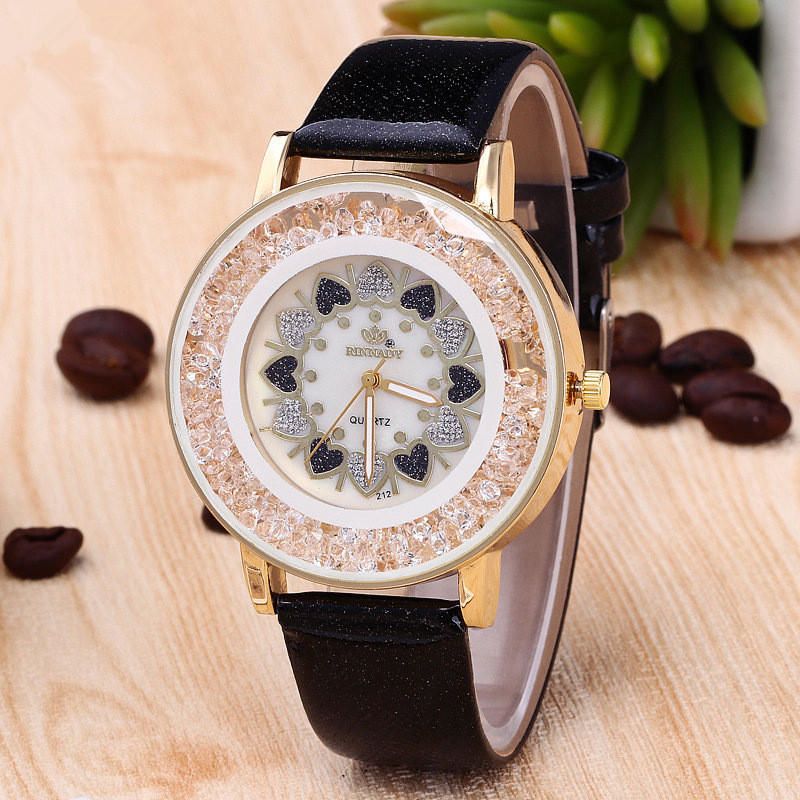 Crystal Shining Dress Reloj Para Mujer Caja De Oro Rosa Correa De Cuero Relojes De Cuarzo