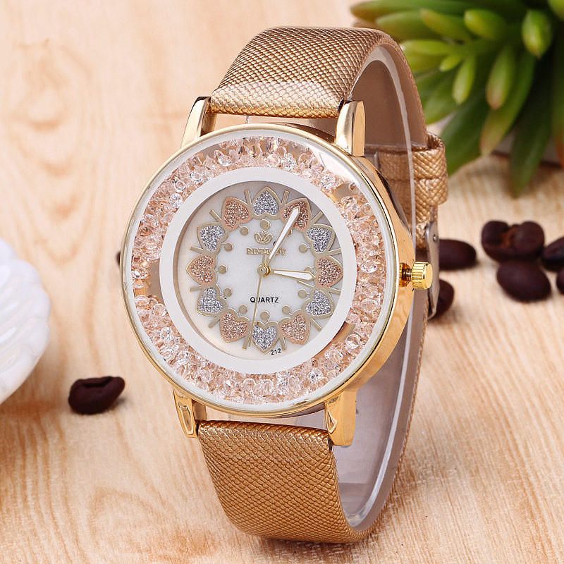 Crystal Shining Dress Reloj Para Mujer Caja De Oro Rosa Correa De Cuero Relojes De Cuarzo