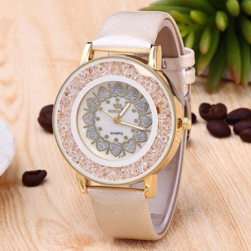 Crystal Shining Dress Reloj Para Mujer Caja De Oro Rosa Correa De Cuero Relojes De Cuarzo