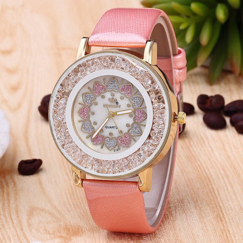 Crystal Shining Dress Reloj Para Mujer Caja De Oro Rosa Correa De Cuero Relojes De Cuarzo