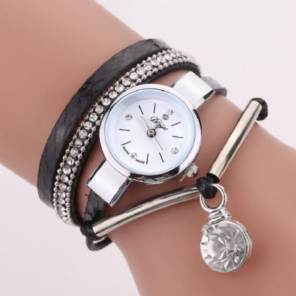 D254 Reloj De Pulsera Con Colgante De Cristal Para Mujer Reloj De Cuarzo Con Correa De Cuero De Estilo Retro