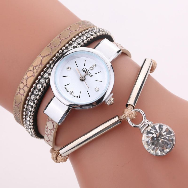 D254 Reloj De Pulsera Con Colgante De Cristal Para Mujer Reloj De Cuarzo Con Correa De Cuero De Estilo Retro