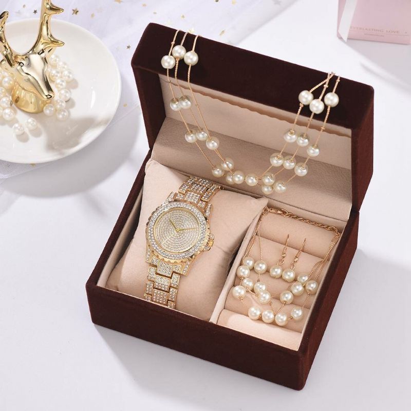 Deffrun 4 Piezas Conjunto De Reloj Para Mujer Reloj Redondo De Diamantes Completo Pulsera De Perlas Pendientes Collar Kit De Regalo