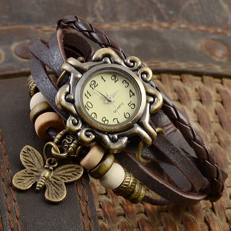 Deffrun Estilo Retro Multicapa Mujer Pulsera Reloj Mariposa Colgante Relojes De Cuarzo