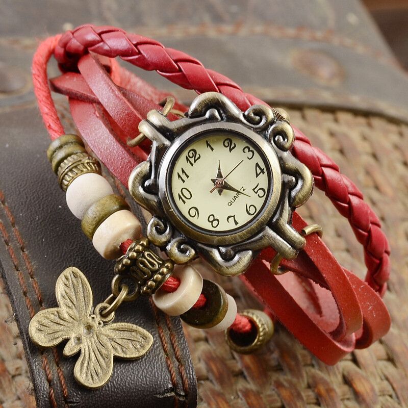 Deffrun Estilo Retro Multicapa Mujer Pulsera Reloj Mariposa Colgante Relojes De Cuarzo