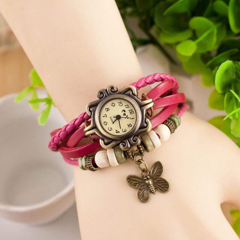 Deffrun Estilo Retro Multicapa Mujer Pulsera Reloj Mariposa Colgante Relojes De Cuarzo