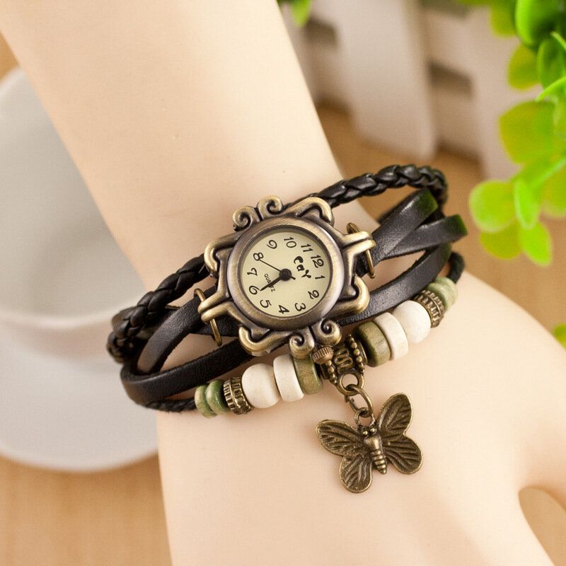 Deffrun Estilo Retro Multicapa Mujer Pulsera Reloj Mariposa Colgante Relojes De Cuarzo