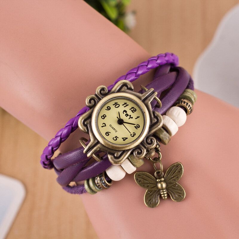 Deffrun Estilo Retro Multicapa Mujer Pulsera Reloj Mariposa Colgante Relojes De Cuarzo