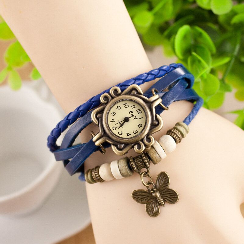 Deffrun Estilo Retro Multicapa Mujer Pulsera Reloj Mariposa Colgante Relojes De Cuarzo