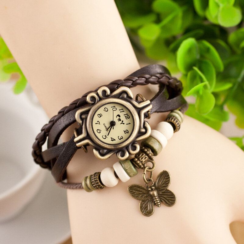 Deffrun Estilo Retro Multicapa Mujer Pulsera Reloj Mariposa Colgante Relojes De Cuarzo