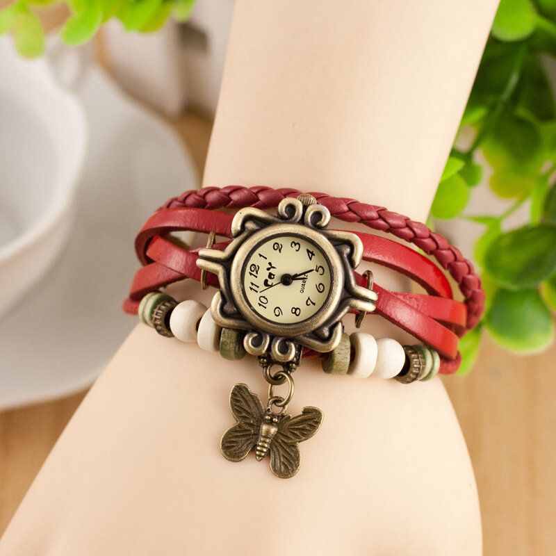 Deffrun Estilo Retro Multicapa Mujer Pulsera Reloj Mariposa Colgante Relojes De Cuarzo