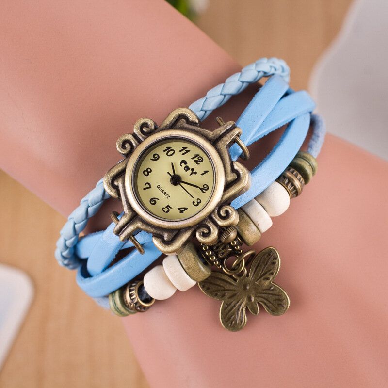 Deffrun Estilo Retro Multicapa Mujer Pulsera Reloj Mariposa Colgante Relojes De Cuarzo