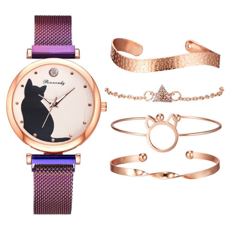 Deffrun Fashion Luxury Cat Dial Pulsera Magnética Pulsera De Vestir Para Mujer Con Caja De Regalo Reloj De Cuarzo Con Correa De Acero De Aleación