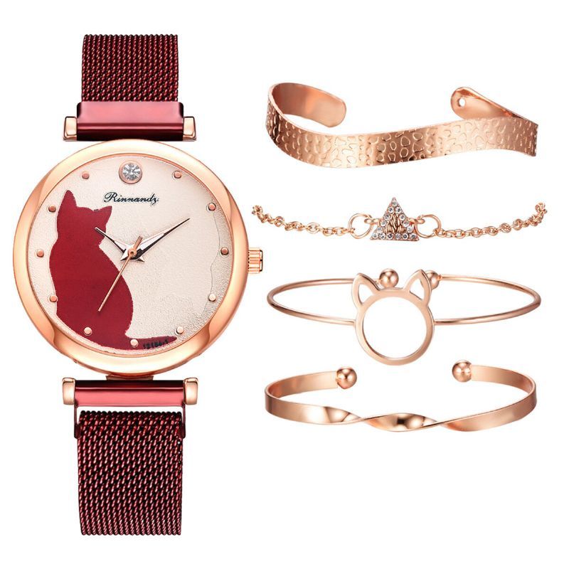 Deffrun Fashion Luxury Cat Dial Pulsera Magnética Pulsera De Vestir Para Mujer Con Caja De Regalo Reloj De Cuarzo Con Correa De Acero De Aleación