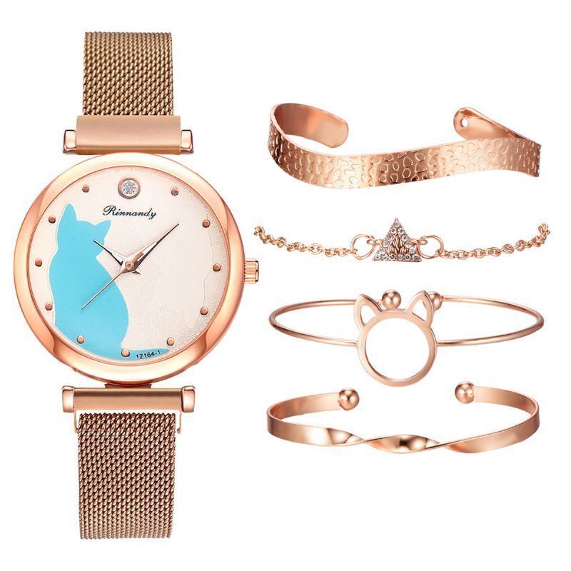 Deffrun Fashion Luxury Cat Dial Pulsera Magnética Pulsera De Vestir Para Mujer Con Caja De Regalo Reloj De Cuarzo Con Correa De Acero De Aleación