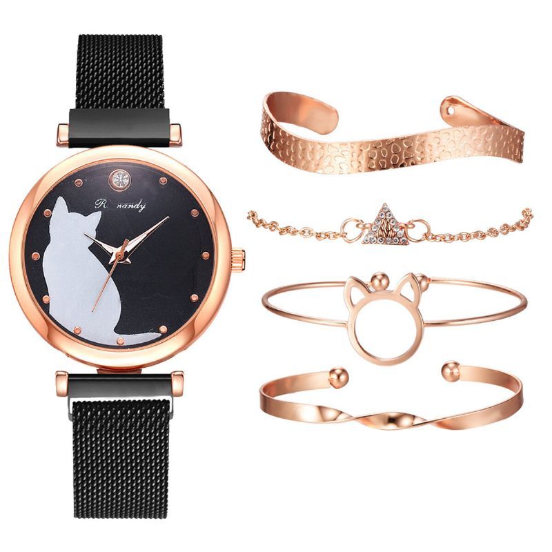 Deffrun Fashion Luxury Cat Dial Pulsera Magnética Pulsera De Vestir Para Mujer Con Caja De Regalo Reloj De Cuarzo Con Correa De Acero De Aleación