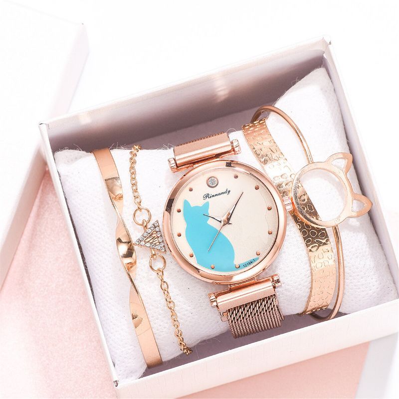 Deffrun Fashion Luxury Cat Dial Pulsera Magnética Pulsera De Vestir Para Mujer Con Caja De Regalo Reloj De Cuarzo Con Correa De Acero De Aleación