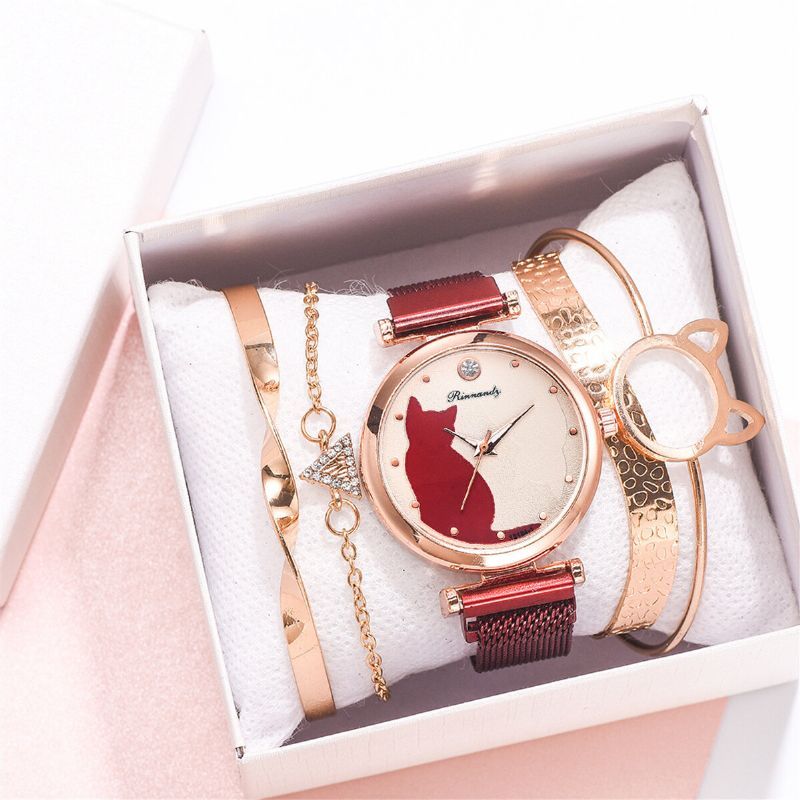 Deffrun Fashion Luxury Cat Dial Pulsera Magnética Pulsera De Vestir Para Mujer Con Caja De Regalo Reloj De Cuarzo Con Correa De Acero De Aleación