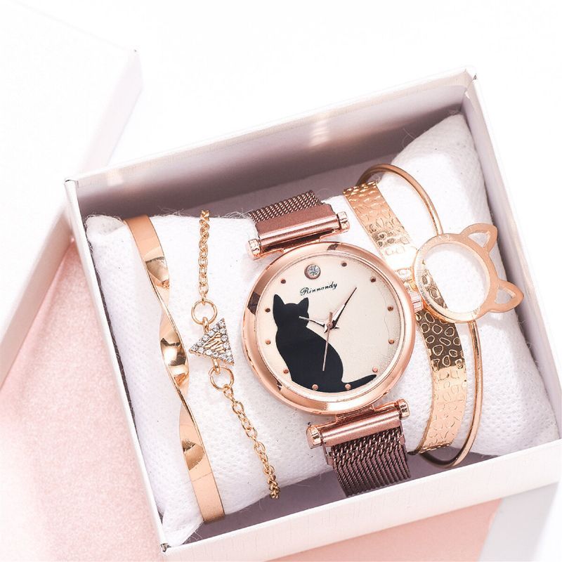 Deffrun Fashion Luxury Cat Dial Pulsera Magnética Pulsera De Vestir Para Mujer Con Caja De Regalo Reloj De Cuarzo Con Correa De Acero De Aleación