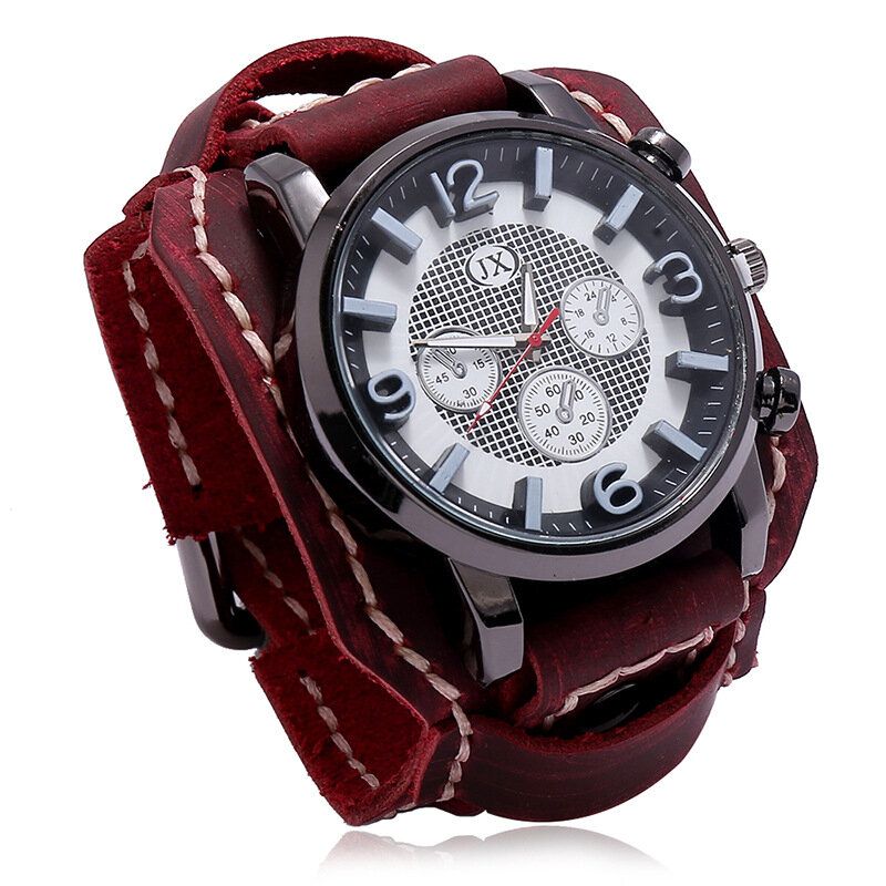 Deffrun Fashionable Cow Leather Band Hombres Reloj De Pulsera Números Estereoscópicos Diseño Reloj De Cuarzo