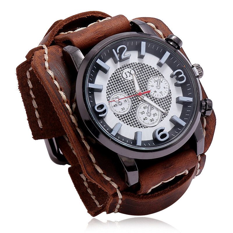 Deffrun Fashionable Cow Leather Band Hombres Reloj De Pulsera Números Estereoscópicos Diseño Reloj De Cuarzo