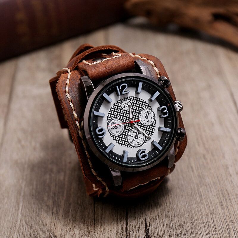 Deffrun Fashionable Cow Leather Band Hombres Reloj De Pulsera Números Estereoscópicos Diseño Reloj De Cuarzo