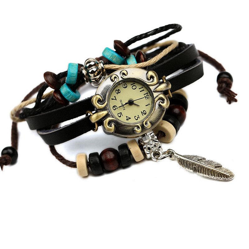 Deffrun Reloj De Pulsera De Banda De Cuero De Vaca Multicapa Reloj Colgante De Hoja Reloj De Cuarzo De Esfera Pequeña Para Mujer