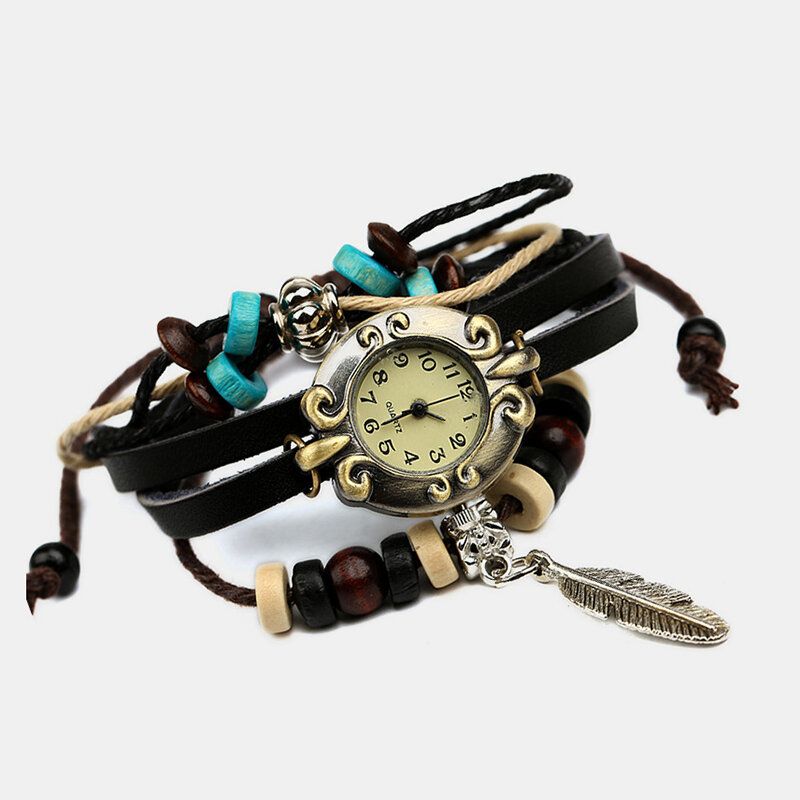 Deffrun Reloj De Pulsera De Banda De Cuero De Vaca Multicapa Reloj Colgante De Hoja Reloj De Cuarzo De Esfera Pequeña Para Mujer